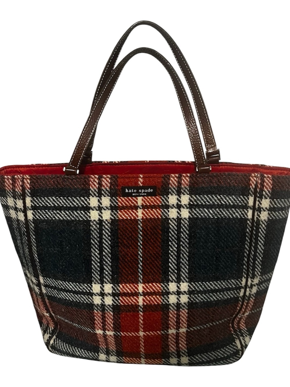 Kate Spade New York Wool Plaid Tote Bag Red Charcoal Cream Brown
Leather Handles